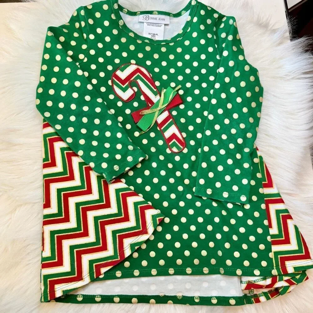 Bonnie Jean Toddler Girls Green Foil Dot Candy Cane Top/Legging Set 3T Preowned
